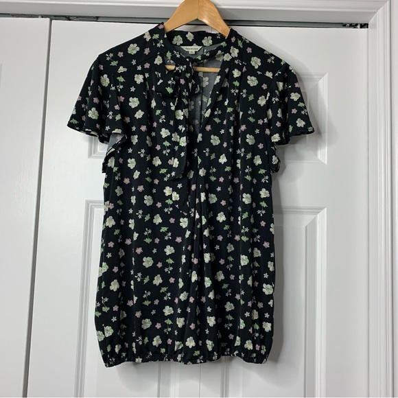 Max Studio Black Floral Pussybow Blouse With Ruffle short sleeve Size L - Picture 1 of 11